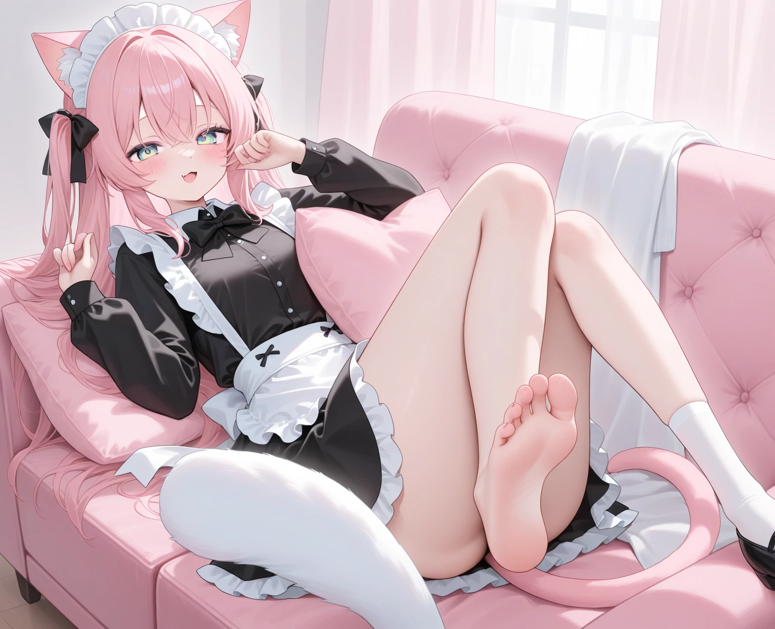 ((masterpiece)), ((best quality)), ((highly detailed)), (original), ((delicate background)), ((extremely detailed 8K wallpaper)), sweet, depth of field,
BREAK
((maid clothes)), ((scanty clothing)), lots of frills, big breasts,
BREAK
curly hair, faint pink hair, short hair, cat ears,
BREAK
((heart-shaped eyes)), pink eyes, tongue out, blush,
BREAK
1girl, solo, cute girl, 15 years old, shiny skin,
BREAK
full body shot, on the bed, crawling position, looking at the viewer,
