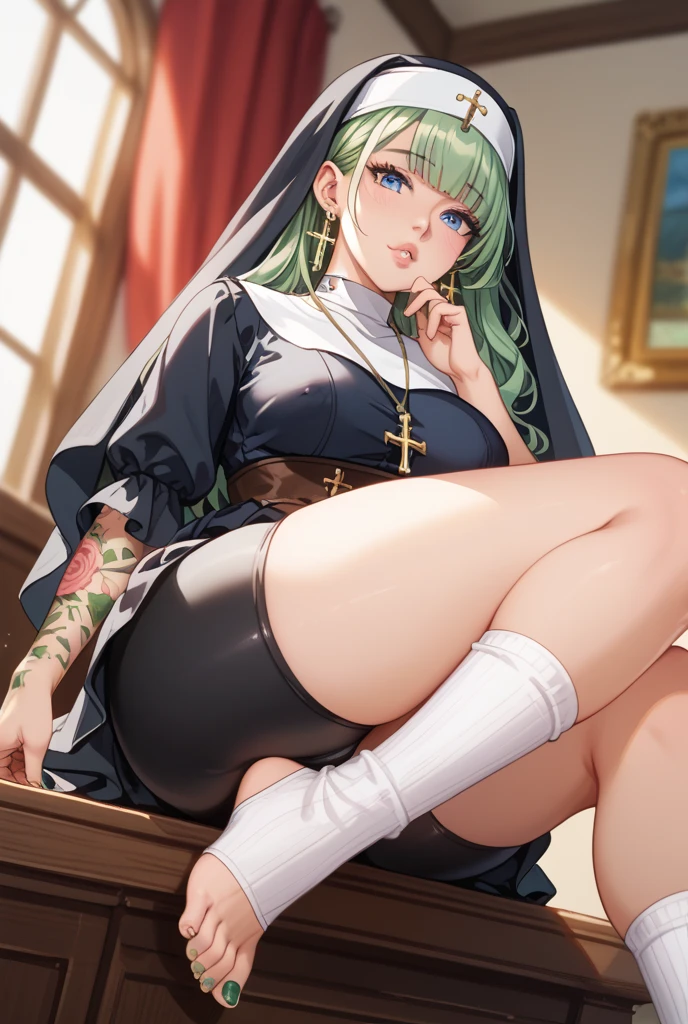 1girls, a green hair, Round eyes, green eyes, Nice series., Slender Face, Kale, Normal breasts, View from the side, Seated,  Can see pussy, ((Spread the pussy until the vagina is visible..))