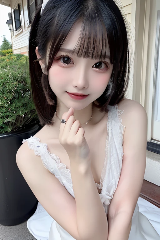black hair, hair bobbles, wince, longeyelashes, solid circle eyes, ahegao,light smile, ear blush, 20-year-old female, Japanese facial features,A clean and cute face, Cleavage, large breasts,Wearing clothes that emphasise the breasts,Protruding nipples,short hair, hair spread out, nihongami, empty eyes, eyeball, sanpaku, evil smile, jitome, nervous smile, Surrealism, very thin waist,drop shadow, anaglyph, stereogram, tachi-e, pov, atmospheric perspective, Hyperrealism, 8k, super detail, ccurate, best quality, UHD, UHD, UHD, UHD, masterpiece, textured skin, high details, high quality, best quality, highres, 16k