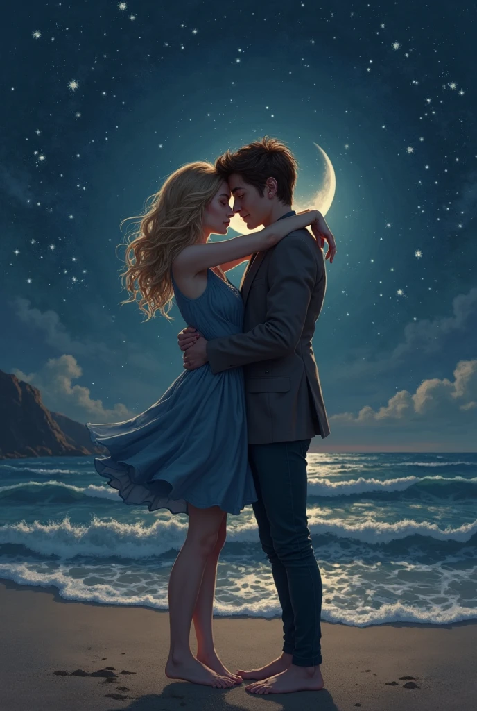 Romantic couple kissing in the wind，Boys and girls，glowing stars，Glow effects，Heart-shaped bubbles，the night，On a cruise ship，The face is clear and accurate，detail in face，super-fine，beachside，16K resolution，high qulity，电影灯光，High picture detail，dynamic viewing angle，Detailed pubic hair，Epic shooting，oc rendered