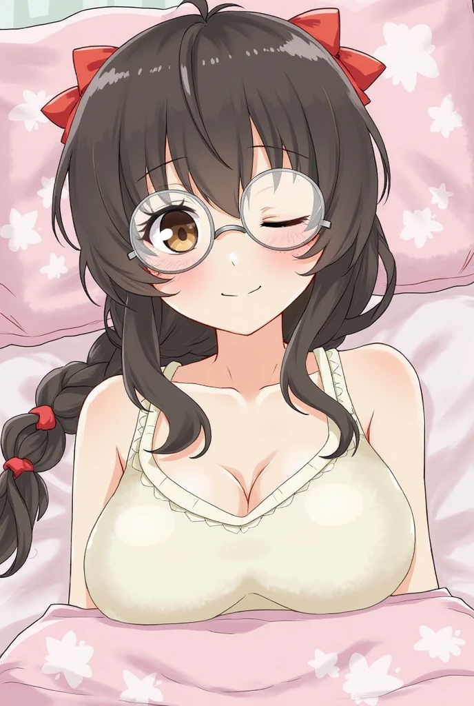 (Close-up、16K、highest quality、high detail、Rich skin details)、((nfsw))、Watch everywhere、obedience、very big breasts、blunt bangs、obesity、medium hair、red eyes、blushed、((embarrassing))、A sloppy smile、big ass、very large thighs、arms behind head、swollen nipples、light blue panty、black hair、bedroom、lying on the bed