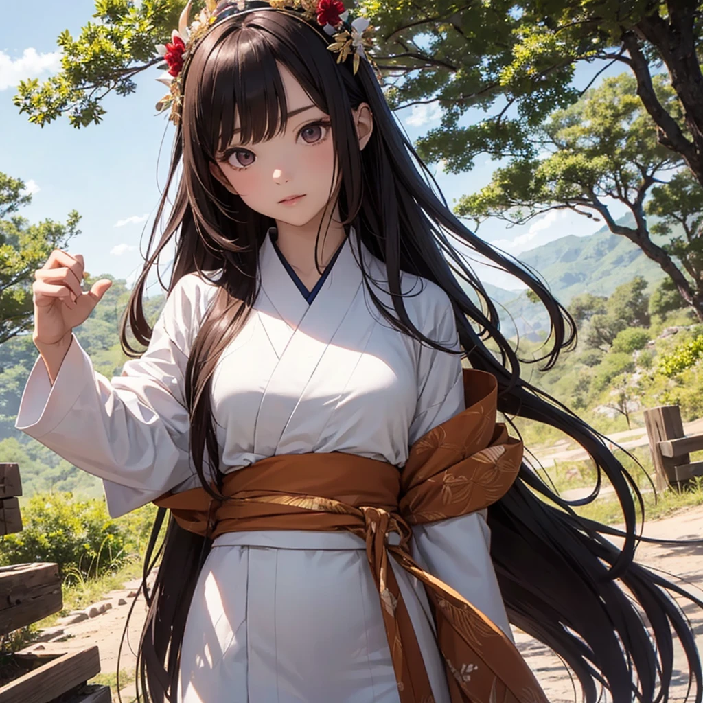 An anime oc A girl with brown hair With brown eyes Skin like porcelain She is wearing a priestess outfit She has a bow in her hand 