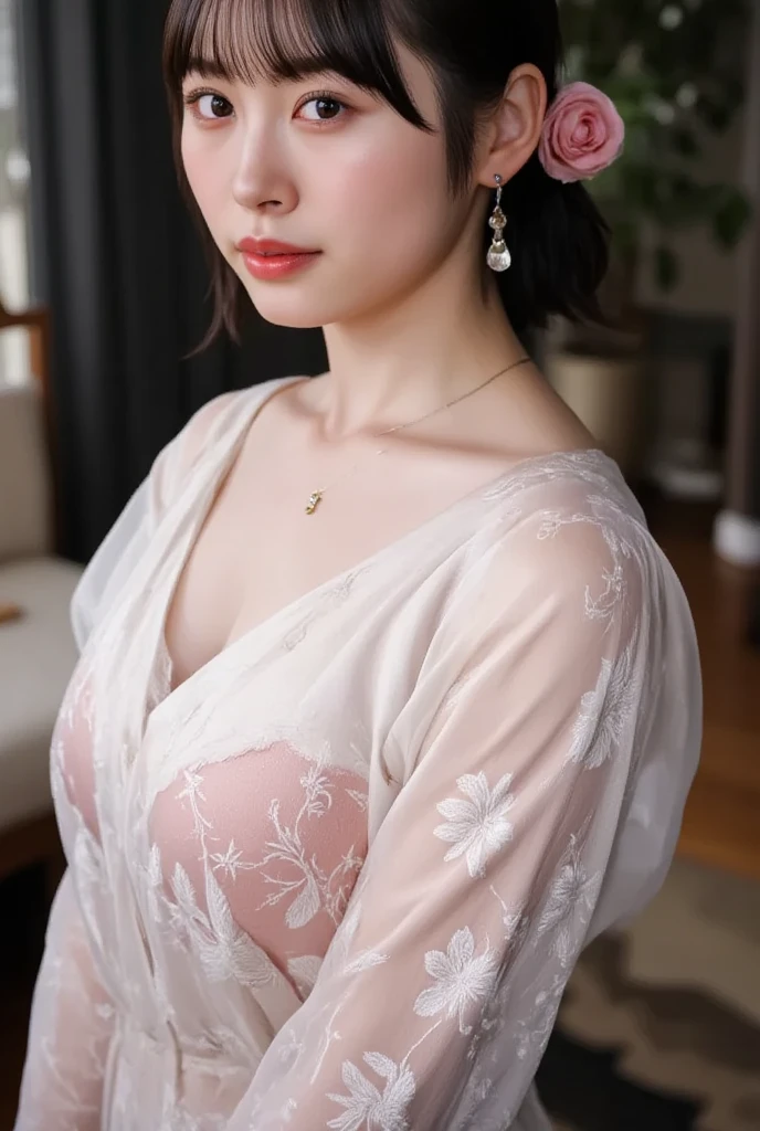 (masterpiece、Highest quality、Very detailed),Beautiful woman、((Wear loose clothing made from very thin fabrics:1.5)))、Earrings、美しいlipsのピアス、笑いと笑顔のlips、顔のlipsをからかいます。girl、lipstick color、Pink lipstick、lipakeup makes you look sexy、輝く赤いリップ ピンクのlips リップピアス 見た目がゴージャス、30 Agents Know Women,One person、 ((Dark brown bob cut))、Earrings、necklace、((85cm bust))、Cleavage、
