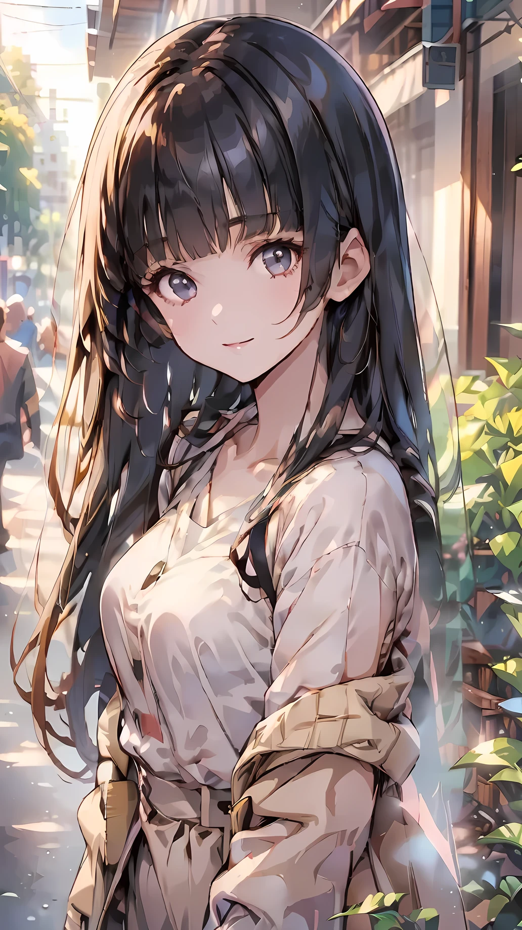 ((best quality)), ((masterpiece)), (detailed), perfect face, textured skin, ((super detail)), high quality, high details, soft focus, black hair, hime cut, spring coat, Shirt blouse, at garden, smile