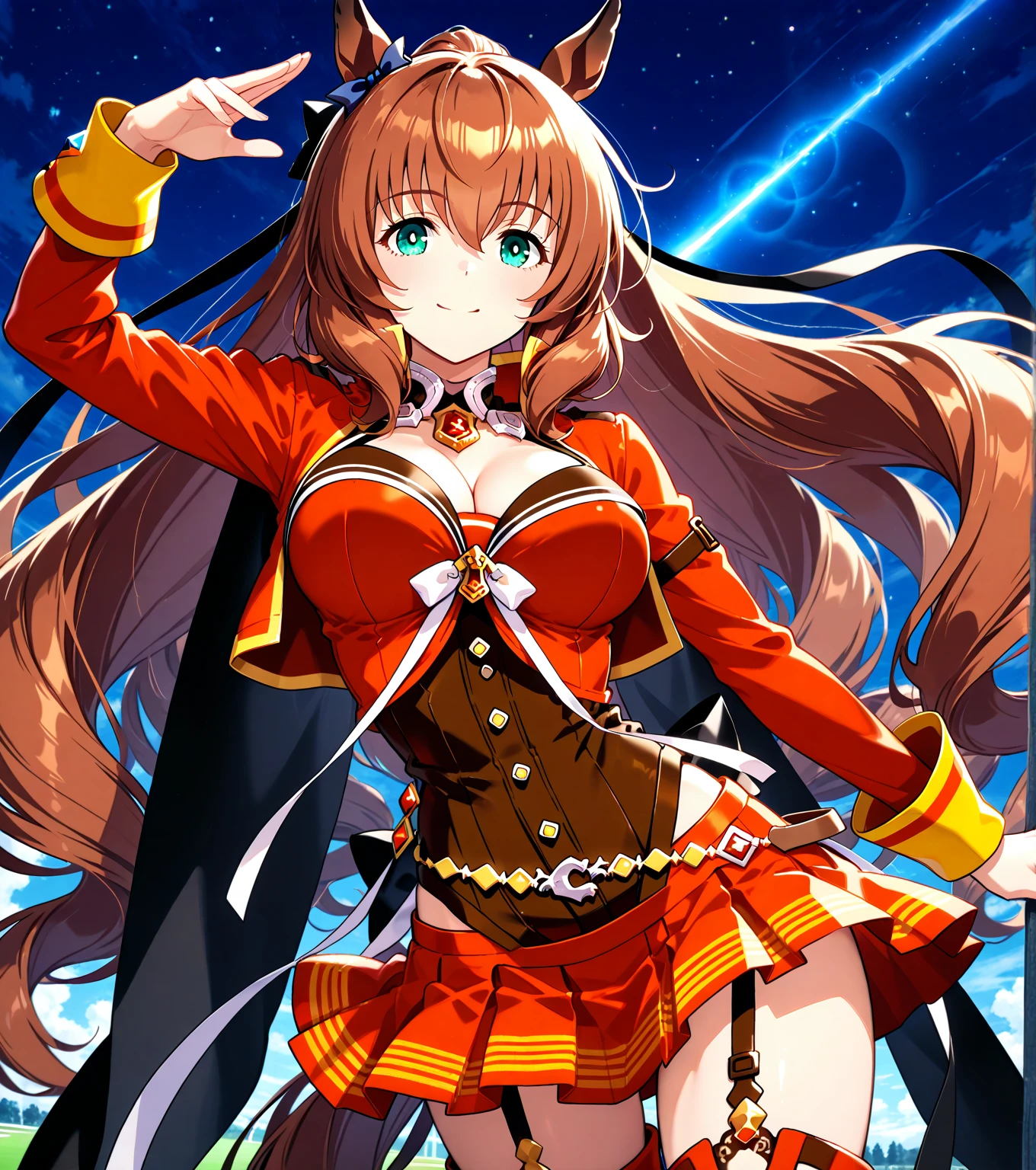masutepiece, Best Quality, close up of face, maruzensky \(Umamusume\), red thighhighs,Leotard、The background is professional wrestling、is standing、Facing the front、full-body view