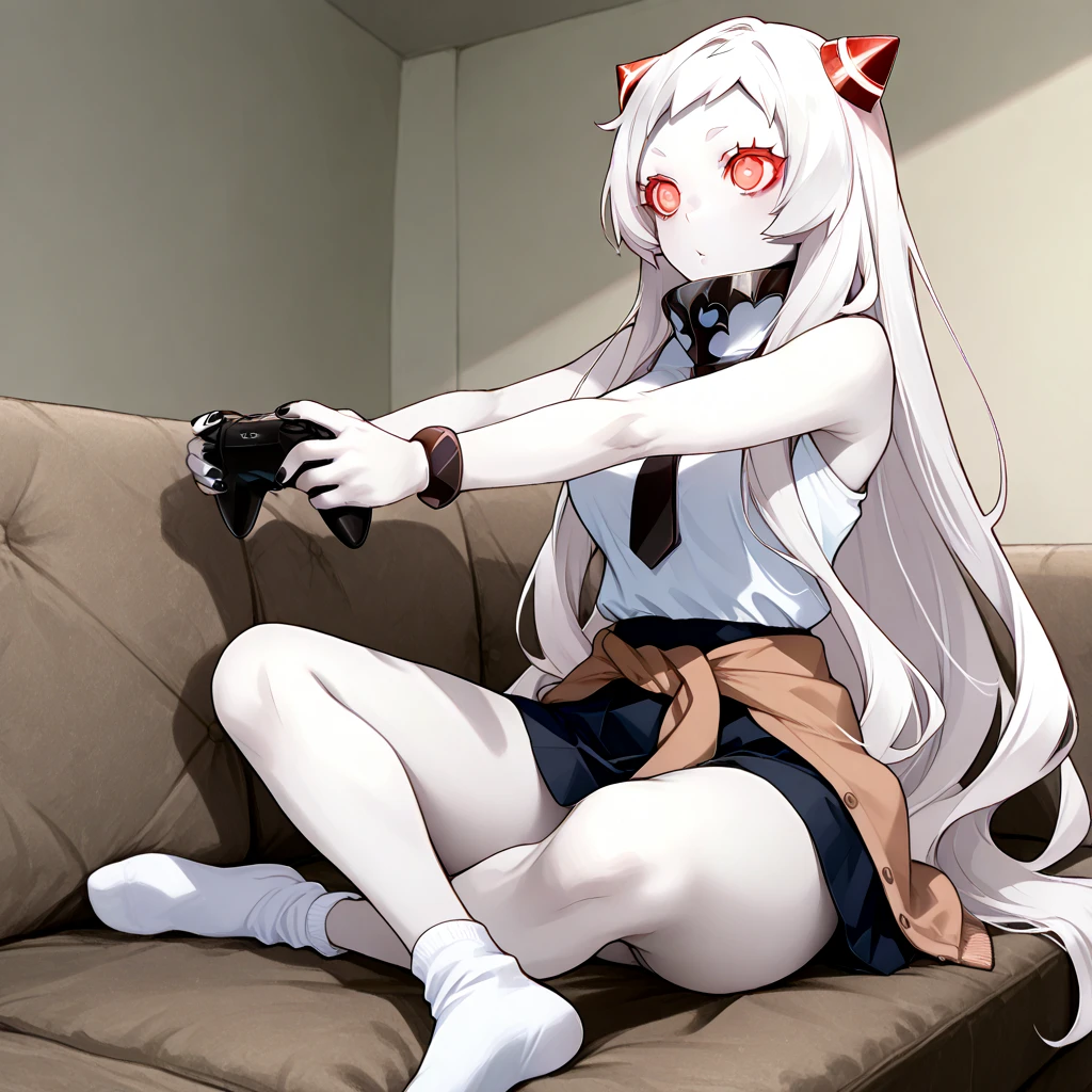 Girl long white hair blue eyes blush on face in PC gaming room Short pleated skirt long stockings cat hoodie great quality 8k very detailed image perfect anatomy full body