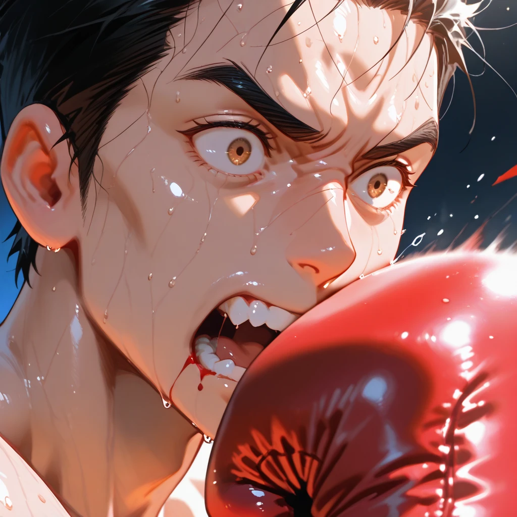 a man with black hair and brown eyes, blood covering his body, blood on his gloves and hair, gory, extremely detailed, hyper realistic, cinematic lighting, dark and moody color palette, 8k, anime style, blood drops, falling blood masterpiece, dramatic