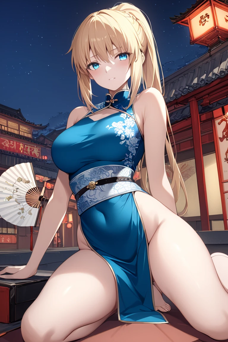 ((One girl)), Beautiful Face,Calm expression,Blushing,Close your mouth,Glossy Lips,Abstract, night,Chinese court, ((Anime style background)),masterpiece, highest quality, so beautiful, Absurd, up to date, Complex details, Pink long nails,AI-generated, Complex,High resolution, highest quality, super high quality,3D Images、View the viewers、3D Images,one person,Long Blonde Hair,blue eyes,Anime girl posing for photo, [[Fine grain、Colorful eyes、Shining Eyes:1.15]],(Squint your eyes:1.1),a hyperRealistic , hyperRealistic , Realistic , Blonde anime woman with long hair, Smooth anime CG art, Beautiful Chinese court lady, Kimono of the Chinese Imperial Court,Gorgeous and vibrant light blue outfit,Flower Hair Ornaments,Earrings,(Large Breasts:1.4),Mature Body,tall,Big Ass,Fine details,Abdominal muscles,Tilt your face,Holding a fan in your hand