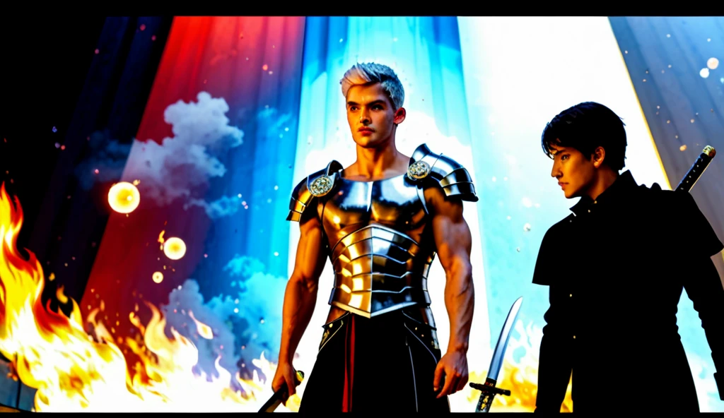 Young blonde roman Soldier. Hes standing in front of a wall of flames. He has a skinny body. He is skinny.