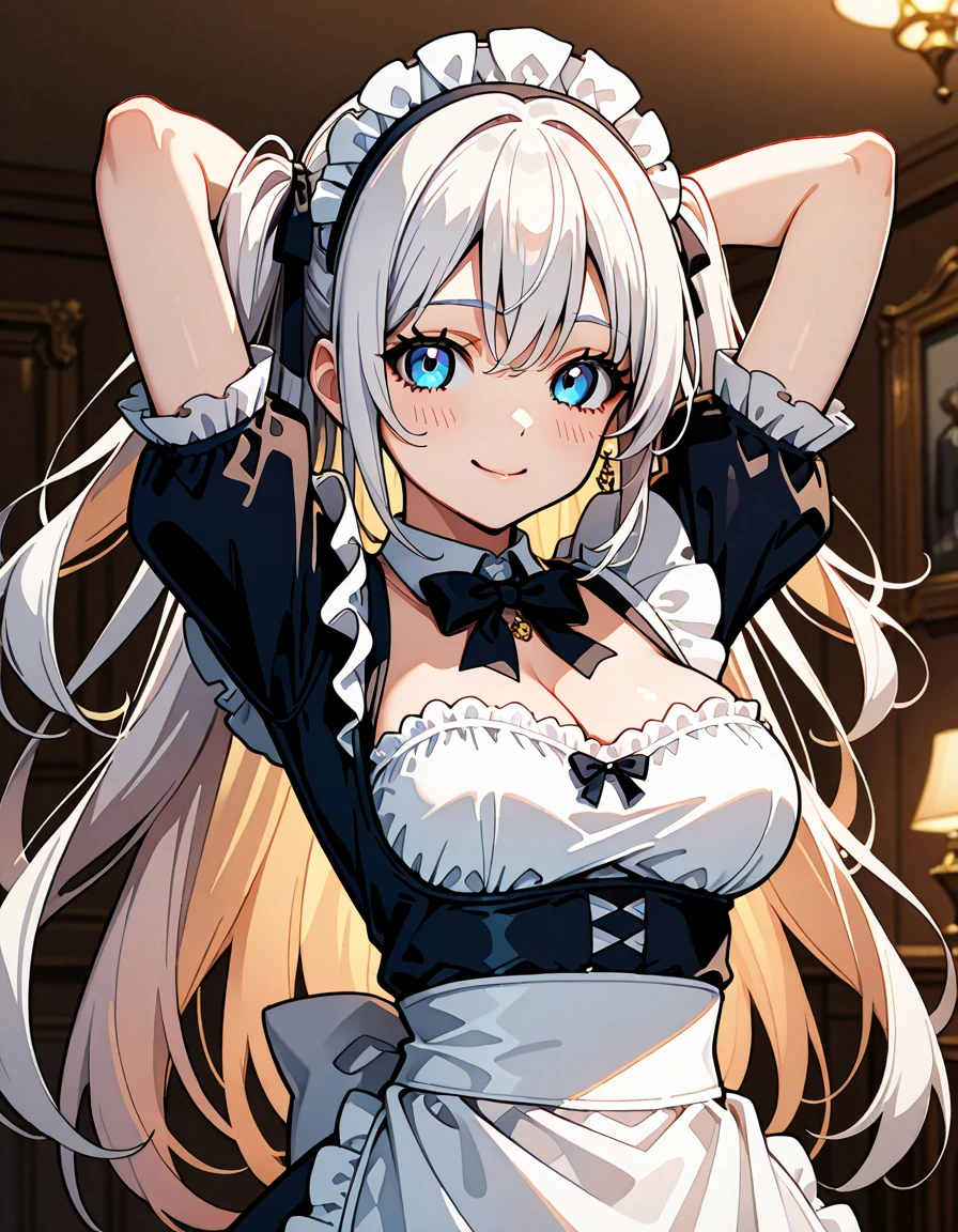 ultra detailed game CG, (High resolution:1.1),(absurderes:1.1), Best Quality, Ultra high definition, The highest resolution, Very detailed, Anime, 1girl in, Cornelian cherry, Silver hair, Mini skirt, frilld, (Lying down:1.1), legs up, (White panty:1.2), cleavage of the breast, Bar counter