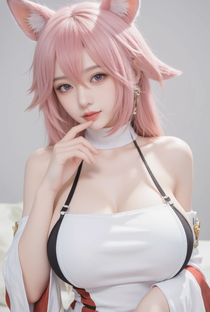 (masterpiece, best quality, 1girl, solo, intricate details, chromatic aberration), realistic, ((medium breath)),long hair, pink hair, red head ornament, pink highlights, hair over one eye,purple eyes, earrings, sharp eyes, choker, neon shirt, She wears a collar, bangles, and a kimono-style garter belt., crop top, (symmetry eyes),(perfect symmetrical body),against wall, brick wall, (colorful graffiti words on wall:1.2), dim lighting, alley ,look at viewer、dig breasts、smile、(No sleeve、Navel exposed、fitted turtleneck)、hot pants string street、thin butt、Please generate above the eaves.、thin shoulders、In underwear、