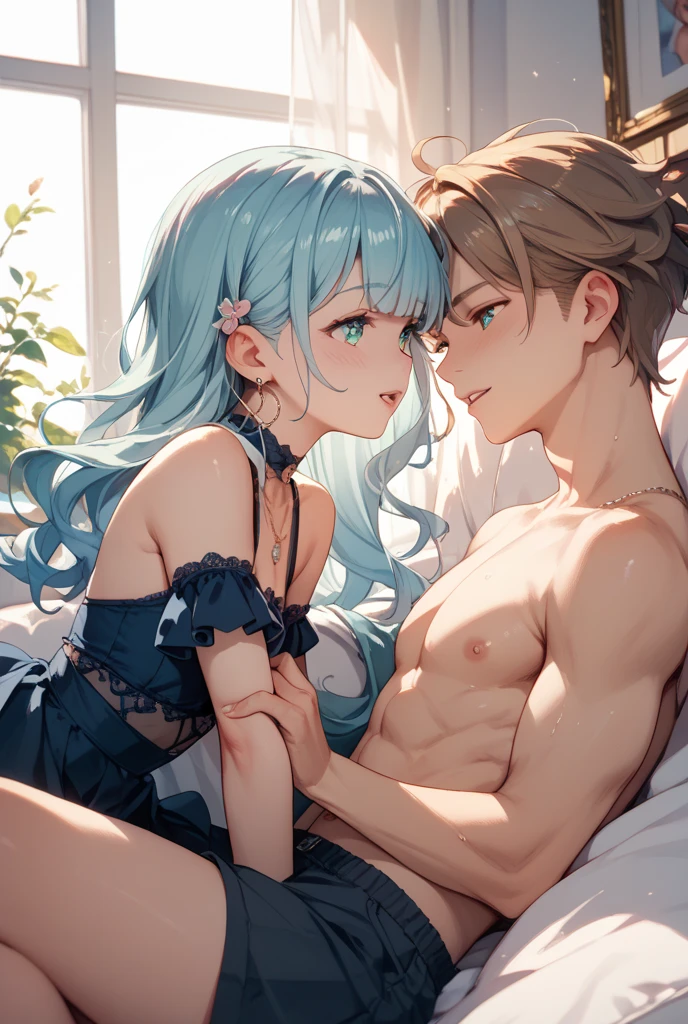 Highest quality, 4K,One woman in a swimsuit, Blue hair long, Big eyes, Young face, Ahegao, Open your mouth small, Sticking out tongue, Small modest breasts, ((Gorgeous underwear, The bra is removed, Man rapes woman from behind, Inserting a man&#39;s thick penis into a pussy, Seeding Creampie, White semen dripping from pussy)),  