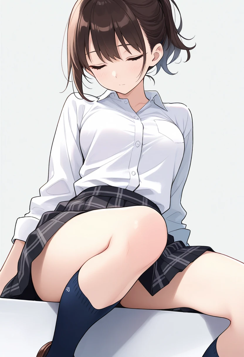 highest quality, masterpiece, High resolution, (Head to Toe full body), front, frontやや下からの構図, Symmetric, 18 year old tall girl, alone, (Head to Toe), (Small breasts), Unkempt brown hair, bangs, (black tights), (Black Pantyhose), (Sit with your legs apart), (Crouching pose), (Composition depicting white panties), (Her legs were spread、I see your white pants.), (I was made to sit on the floor with my legs spread...), (M-shaped feet), Thin legs, A very beautiful and tall 18 year old girl, (No shoes), blush, Shy big eyes, Looking at the camera, Blazer uniform, Checkered Pleated Skirt