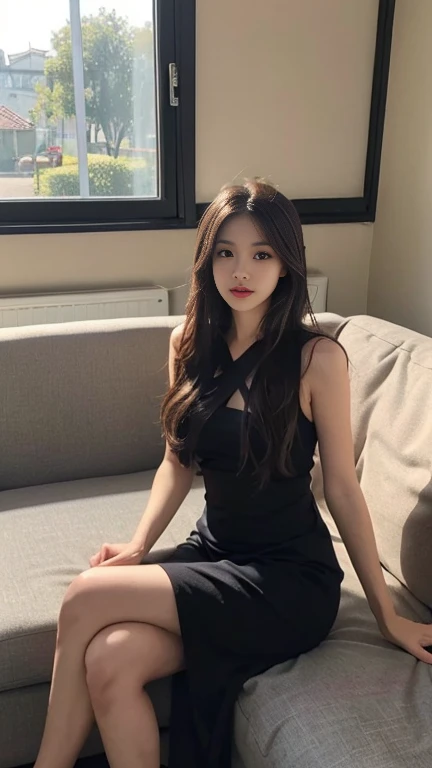 1 Girl,living room,Sitting on the sofa,Soft Light,Chinese Beauty,Tight Fit,dress,Dark-haired,long hair,