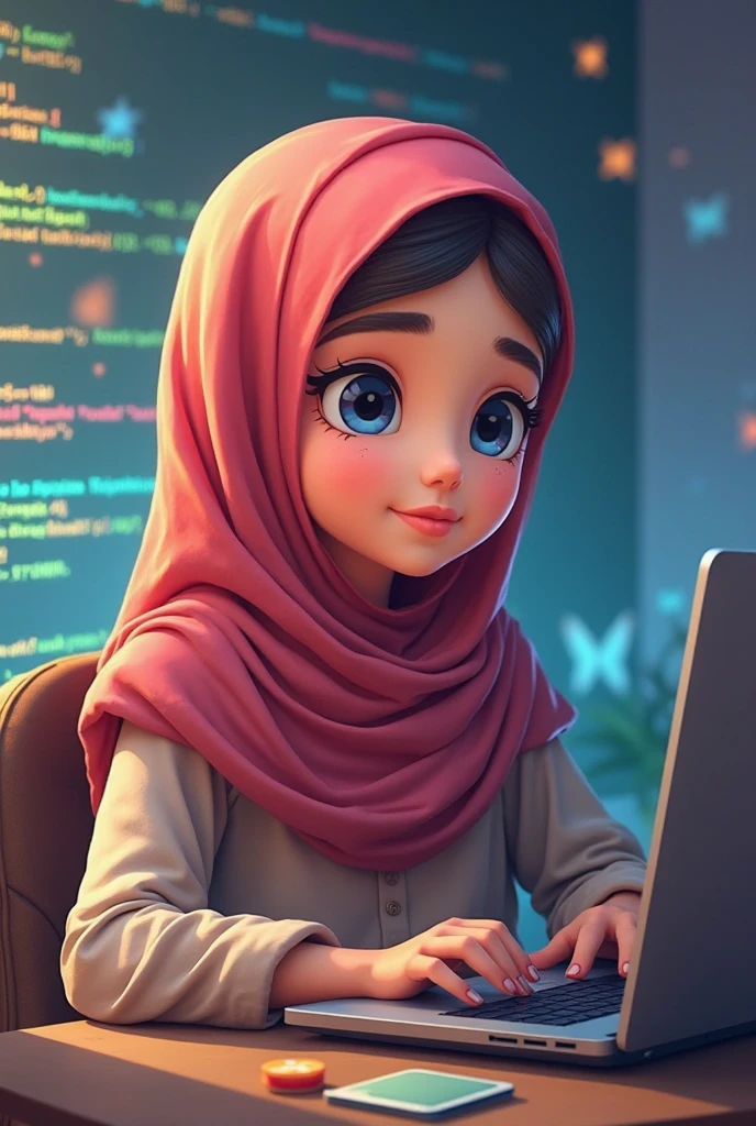 A 18 years old cute girl sitting on a chair with laptop..busy to writing a code. With a side position. With hijab with black udercap. And a back screen is coading screen. Skin tone white  wearing a watch in her hand.  Small eyes,slim face Small lips. Her eyes are looking down. Dress is  white and light blue with tea pink hijab. Show full laptop. Smile