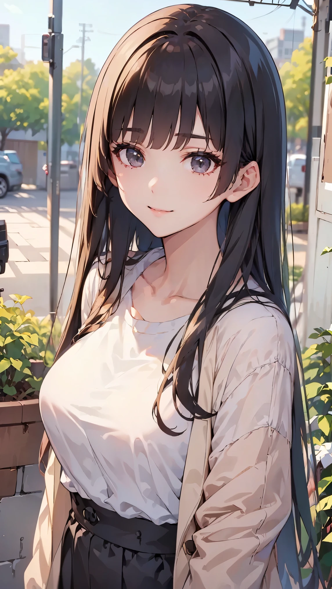 ((best quality)), ((masterpiece)), (detailed), perfect face, textured skin, ((super detail)), high quality, high details, soft focus, black hair, hime cut, spring coat, Shirt blouse, at garden, smile