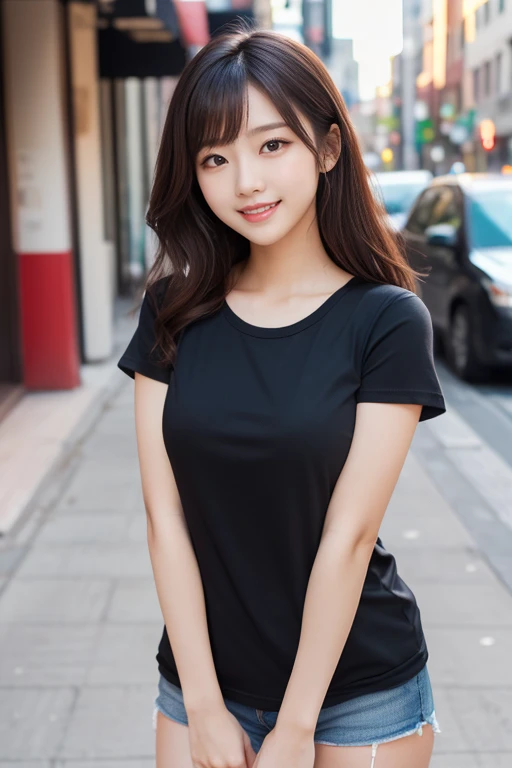 1 Girl, Tokyo Street,night, Streetscape,City lights,Upper Body,close,smile,, (8K, Raw photo, highest quality, masterpiece:1.2),(Realistic, photo-Realistic:1.37),