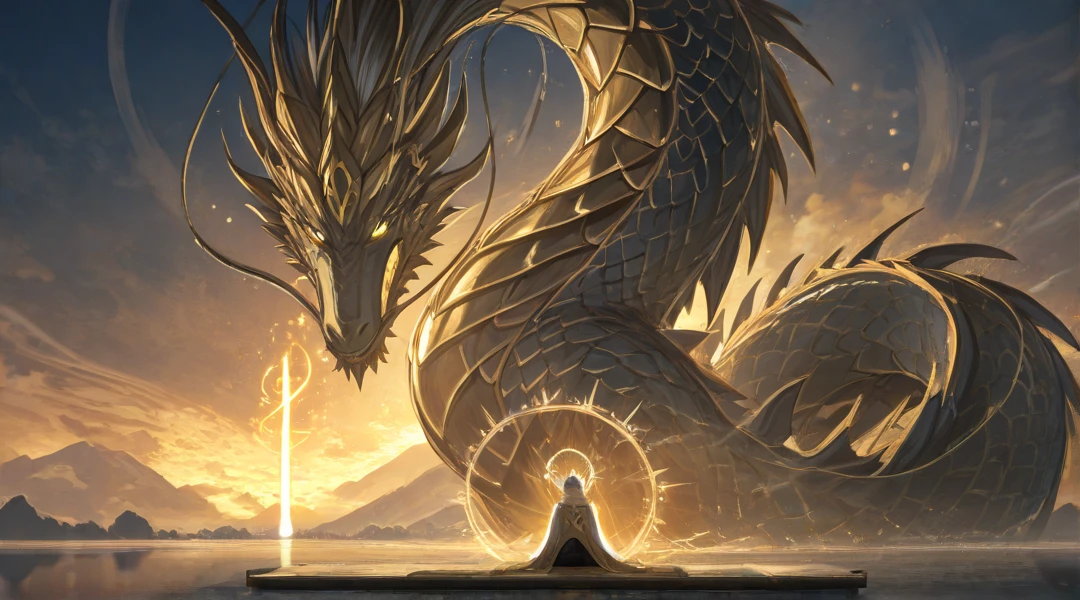 A logo、​masterpiece、(white backgrounid:1)、Golden Chinese dragon surrounded by white clouds、Deities々Halo、the wind、Deities、long wavy body、tusk、The upper part of the body、Fantasia、myth、hightquality、ighly detailed、​masterpiece、epic poem、Particle effect、Dynamic effects