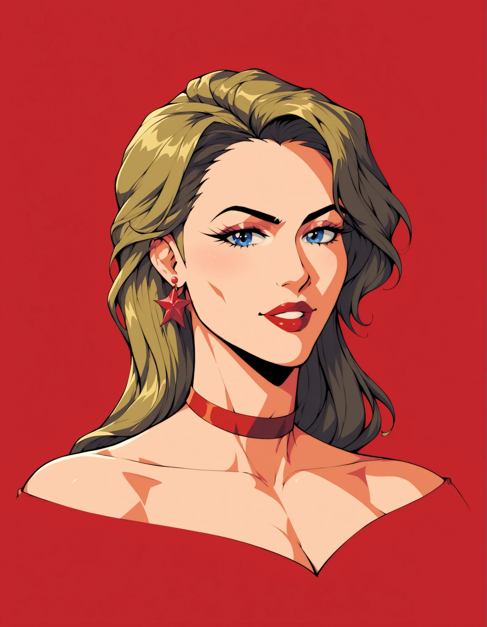 a woman with a red star on her face and a red background, vectorial art, inspired by Lichtenstein, retro comic art style, by Viktor Oliva, by Ric Estrada, as a retrofuturistic heroine, pop art cartoon style, fantasy pop art, by Olivia de Berardinis, roy lichtenstein style, by Nicholas Marsicano, vectorart