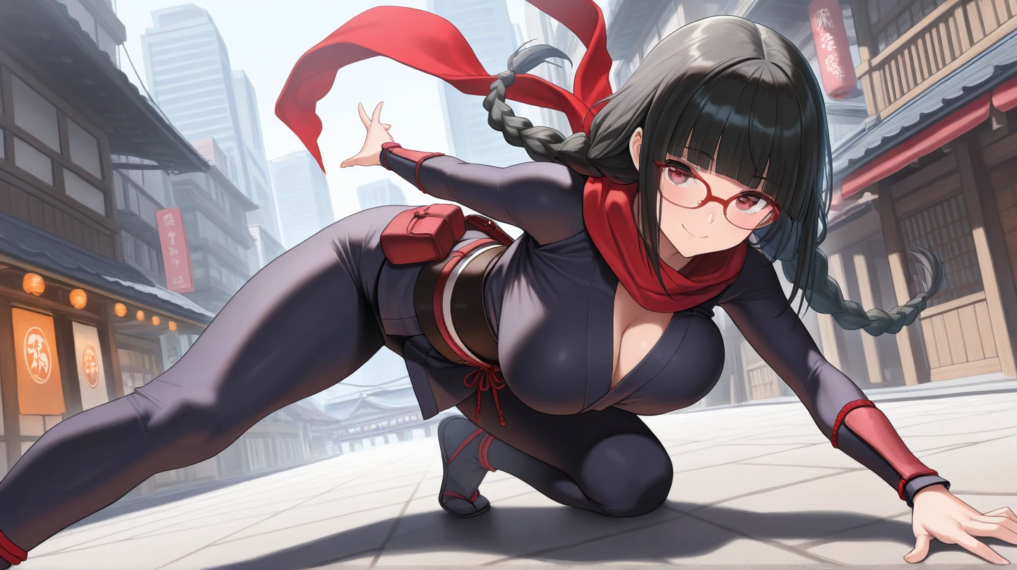 Sarada Uchiha, short black hair , eyes black, and with red glasses , young woman with a fair skin complexion , is 18 years old , That slender body , entire part of the body , Chubby, medium-sized breasts , Wear a shinobi outfit , It is located at the Shinobi Academy training ground,full body closeup, attack position.