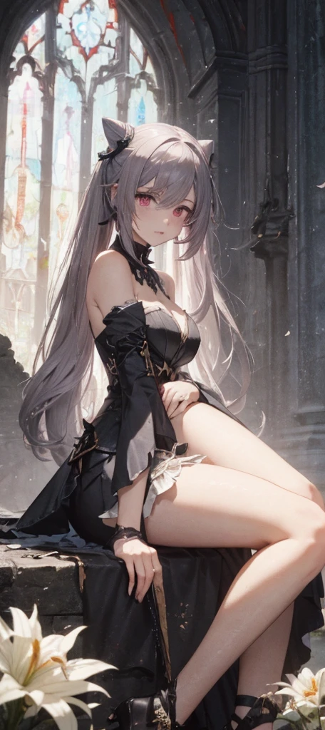 ((masterpiece)), (Anime:1.5), ((best quality)), (RAW photo:1.2), (High Definition:1.3), (Professional Photography:1.2), (chromatic aberration), ((Ninomae Ina'nis)), detail of eyes, very blush, Textured skin, silky long hair, (beautiful eyes), slender, flat chest, BREAK, summer sky, (sitting on the garden:1.4), (beautiful ruins), fantasy on background, ((detail of strapless)), against the ragged wall, (ruins cityscape),