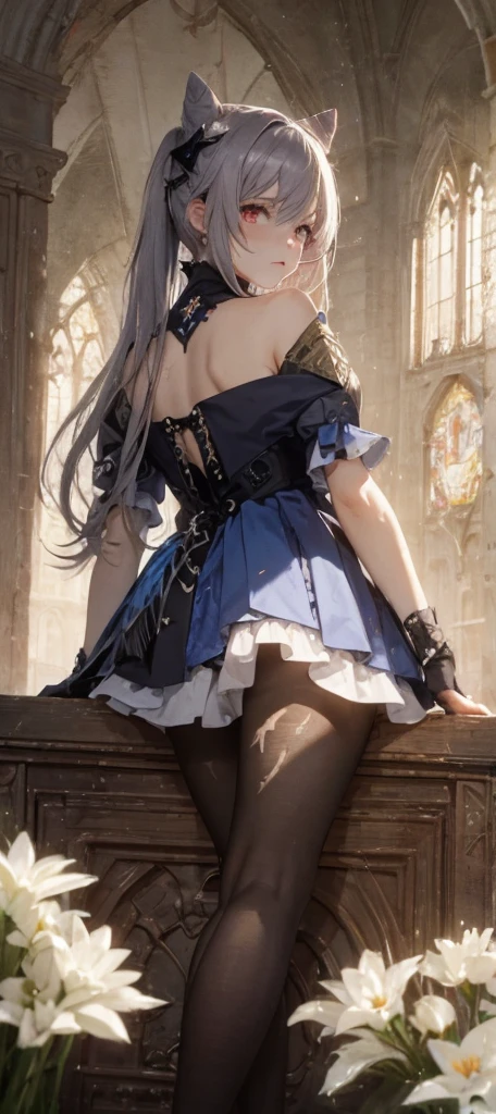 (1girl:1.3), (photorealistic:1.4), (masterpiece, top quality, best quality, official art), extreme detailed, highest detailed, (ultra-detailed), ((an extremely delicate and beautiful)), cinematic light, contemporary, 1girl, solo, long hair, pantyhose, red hair, bangs, high heels, white pantyhose, looking at viewer, bare shoulders, thighband pantyhose, black footwear, forehead mark, parted bangs, dress, ass, floating, yellow eyes, very long hair, sidelocks, breasts, full body, panties under pantyhose, facial mark, thighs, pointy ears, orange eyes, sitting, hair ornament