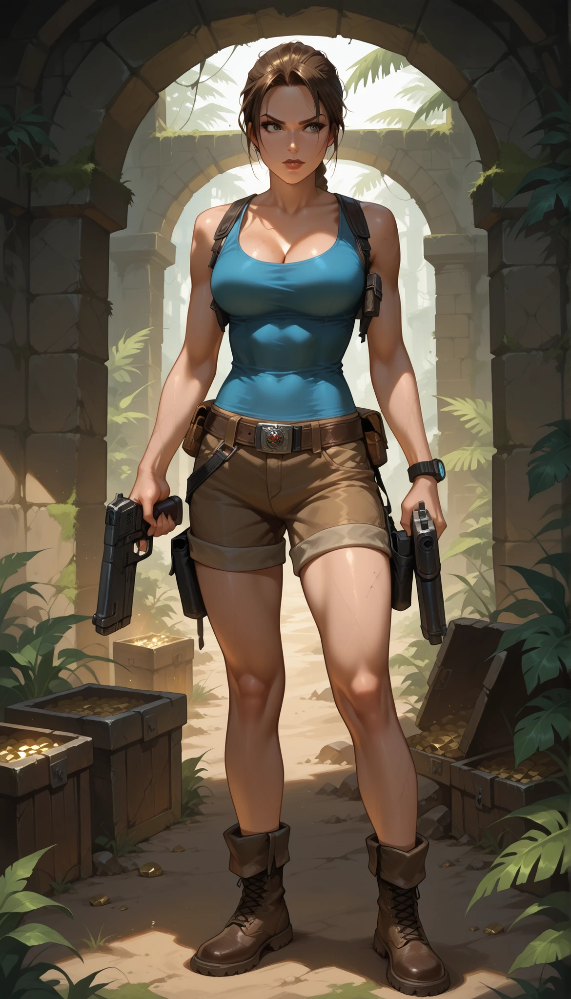 Lara Croft Tomb Raider, wielding guns and exploring ancient ruins. (best quality,ultra-detailed),lara croft,adventurous,dangerous,young woman,strong,brave,athletic,treasure hunter,fearless,long brown hair,wearing cargo shorts,combat boots, blue tank top,gritty and realistic,high-contrast lighting,moss-covered stone walls,tropical foliage,vivid colors, blue tank top, cleavage, large , braided ponytail, solo, 1girl, hands at sides