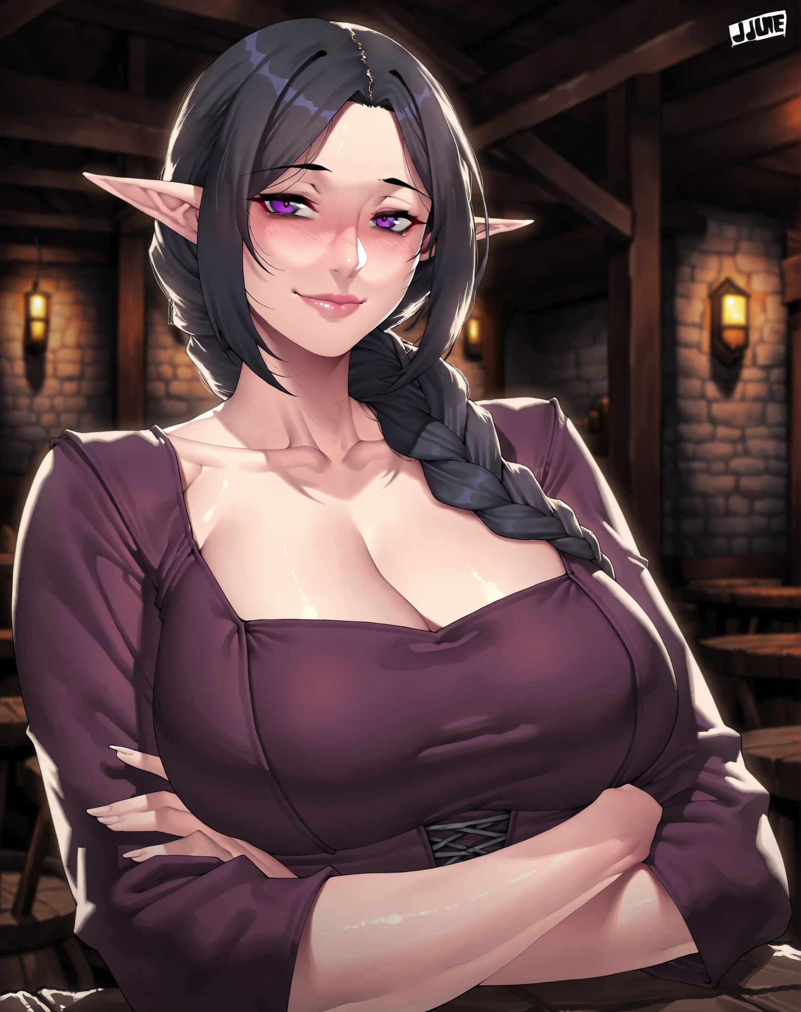 Close up shot, cute , purple hair in two medium ponytails, sexy eyes, intense eye contact, elf ears, small nose, red lips, (enormous breasts:1.3), deep cleavage, orgasmic face, neck, collarbone, loose dark pink t shirt, bare shoulder, in classroom, sitting on a desk