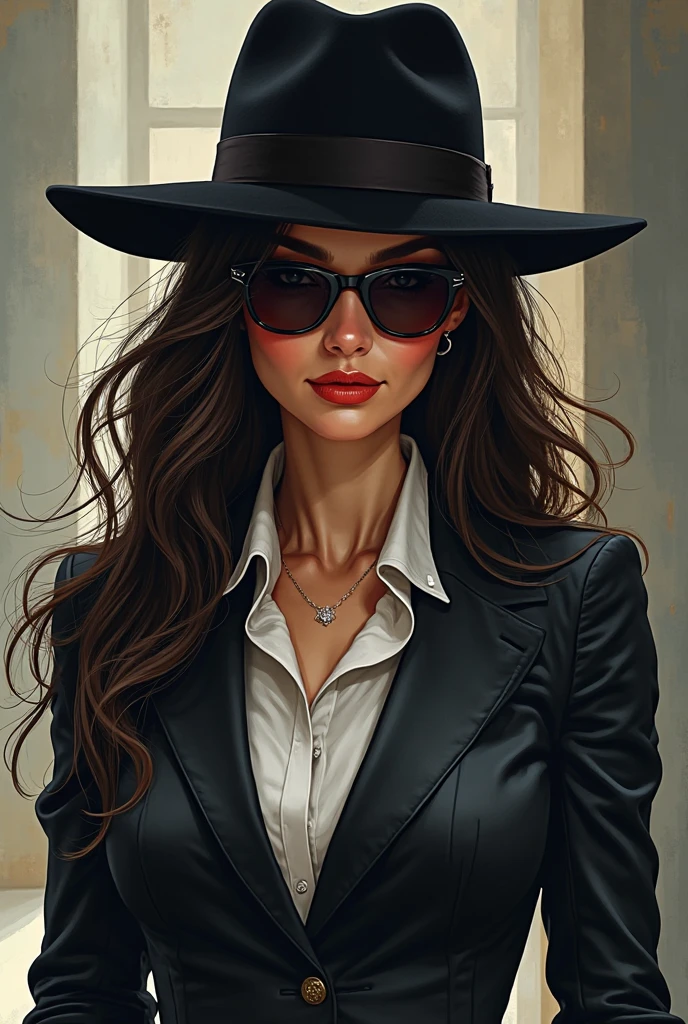 Black and white, highly detailed, stylized illustration of a woman sitting at a table with a cup of coffee in front of her. The woman has long, wavy hair and is wearing a wide-brimmed hat and large, dark sunglasses. She is dressed in a leather jacket over a low-cut top. The background features an urban setting with a building that has a dome and intricate architectural details. The overall style of the illustration is realistic with fine lines and shading, giving it a sophisticated and elegant a