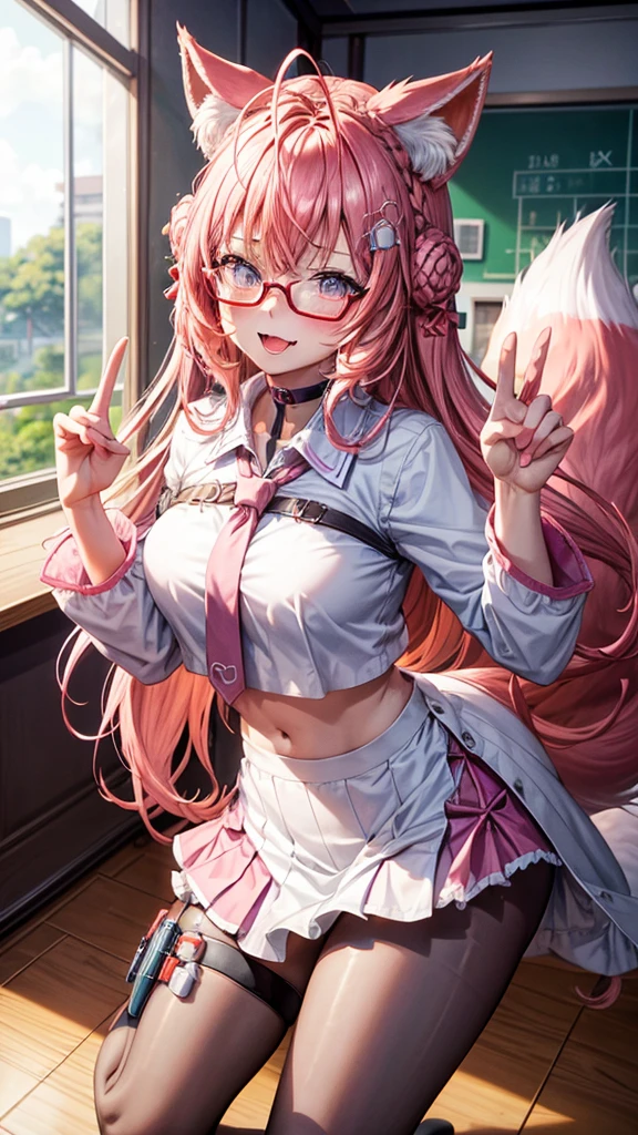 8K, (ultra - detailed), s girl,quadratic element,Pink hair,Wearing white silk,wears glasses,swimming uniform,比基尼,D-cups,Bigchest,self-expression,sitted,Drinking a juice,High ponytail,ssmile,best qualtiy,cat ear,Pink swimsuit,Pink panties,Bigchest,D-cups,(A masterpiece),((high qulity)),((tmasterpiece)),White skin,