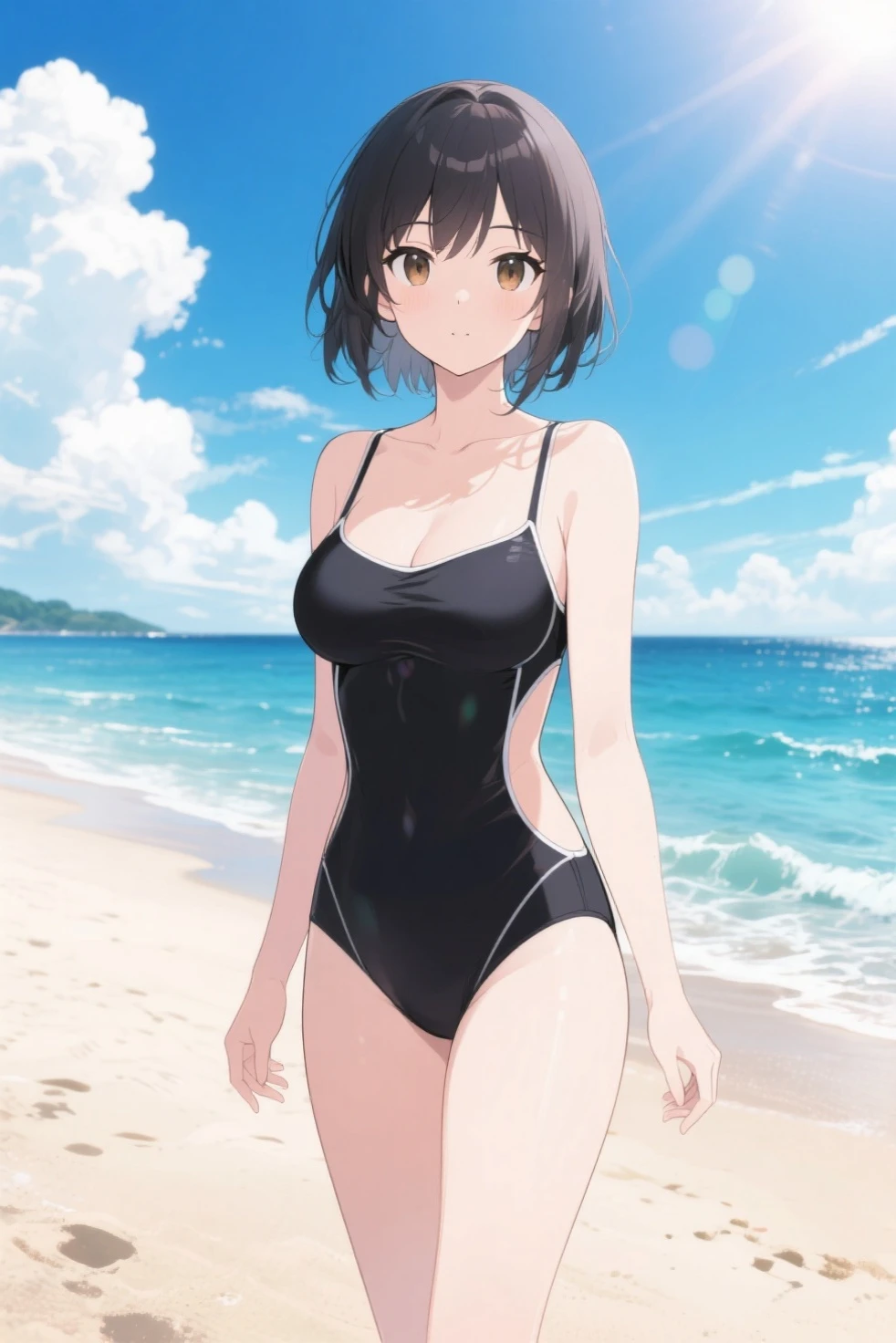 (Practical, photo-Practical:1.37), (masterpiece), (best quality:1.4), (Ultra-high resolution:1.2),(RAW photos:1.2), (Clear focus:1.3), (Face Focus:1.2), Vivid details, hyperPractical, elegant, business attire, detailed, Breakers Beach, Japanese Idol, (Navy blue one-piece swimsuit,), short hair, (Smile), (Huge breasts), (Radiant Skin:1.4), Standing, (((from the side))),