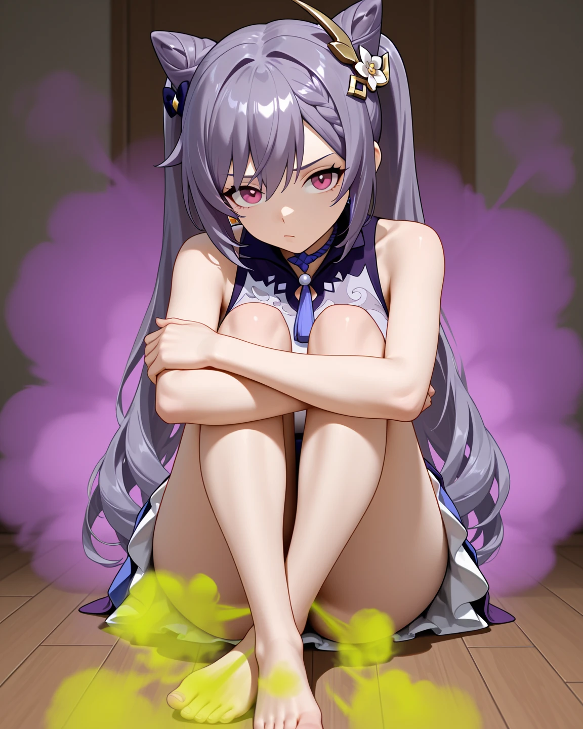 Highest quality、Representative works, Best Quality,Highest quality、Angle from below、Light purple hair、1 girl,topless、NSFW、naked,No clothes、naked足、Full nudity,bedroom、Sole、Exposed toes,8-year-old、height: 118cm、Weight: 21kg、Measurements: B57/W44/H57