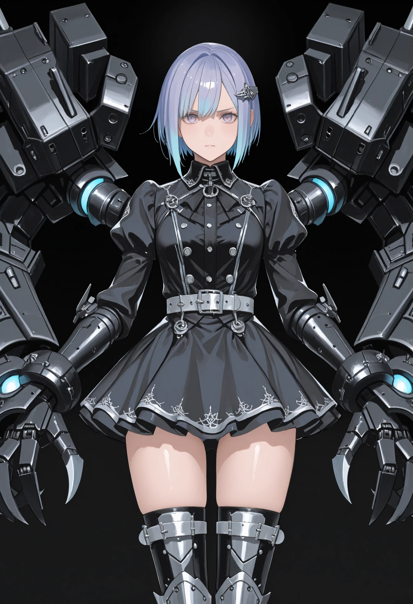 Girl with big arms. Short hair. Indigo hair. Mechanical hair ornament. Black gothic dress. Large belt. Silver buckle. Mini skirt split into left and right sides. Panty shot. Mechanical arms. Asymmetrical arms. Sharp claws. One hand is the crane hook. Glowing tube leading to the body. Battleship gauntlet. Mechanical boots.