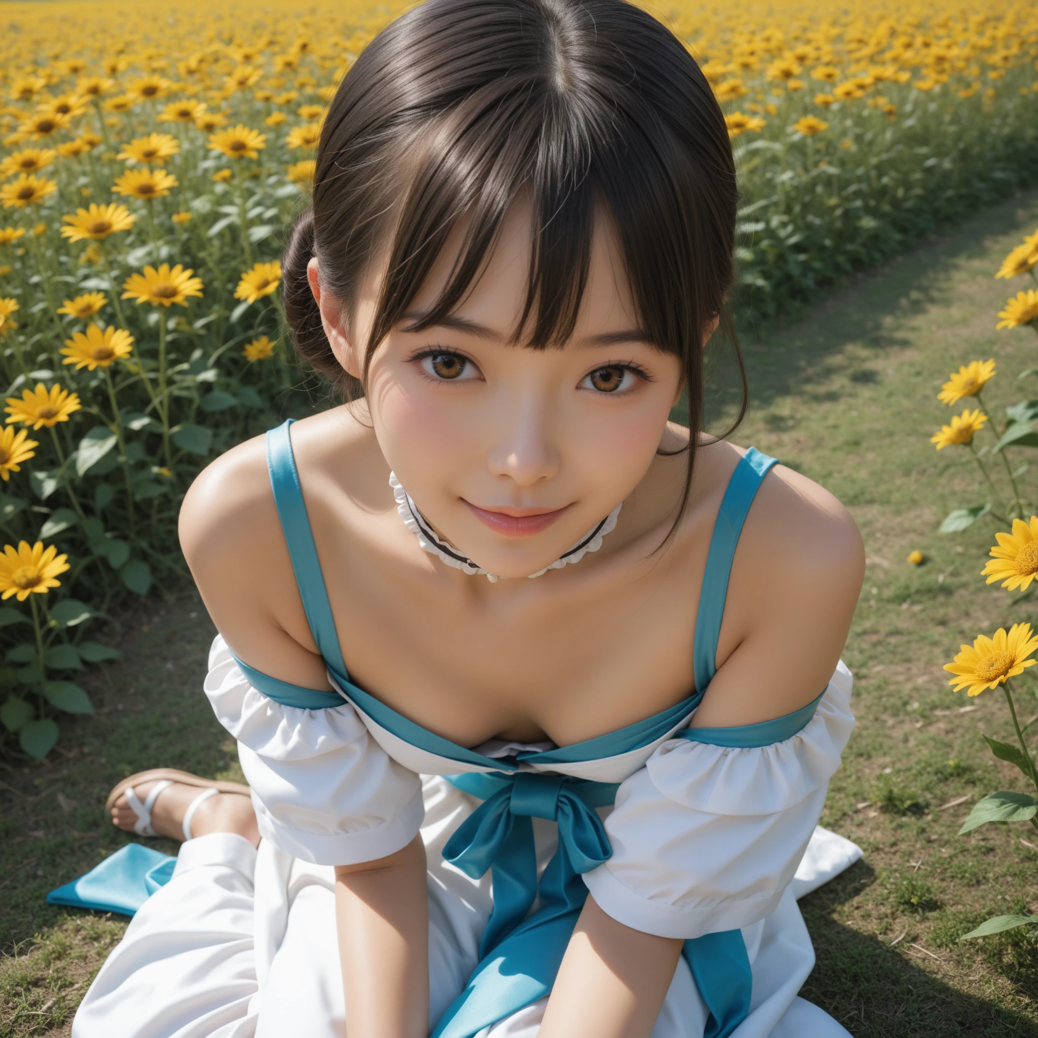 Photorealistic, high-quality 32k photo of a beautiful Japanese girl in a playful sundress, with detailed eyes and a lively smile, sitting on a picnic blanket in a park. She’s wearing a colorful sundress with comfortable flats, her hair in a loose braid. The image captures her surrounded by nature, with a focus on her cheerful demeanor and the peaceful greenery around her.