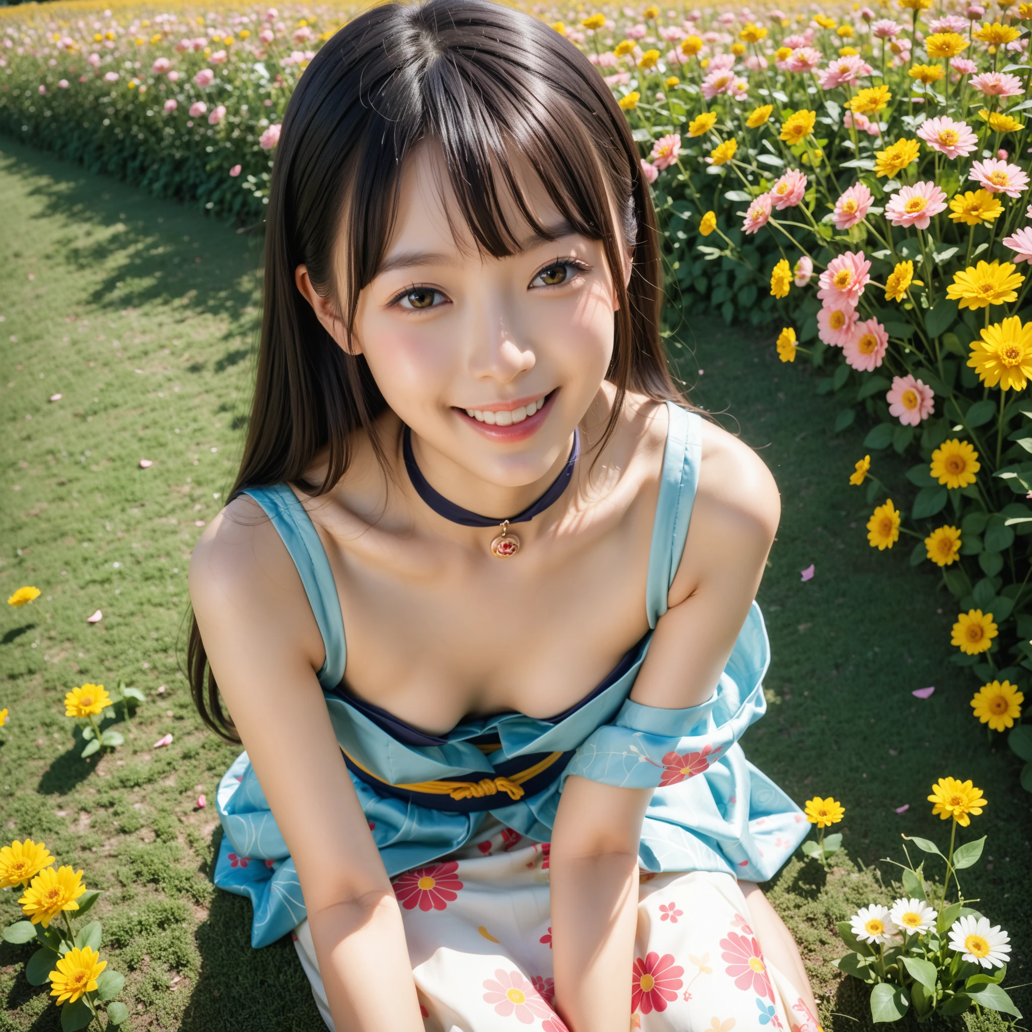 (Girl with slender small breasts with twin-tailed hair in blue ruffle dress:1.5)、(Girl sitting with a smile in a field full of chrysanthemums:1.3)、(A field full of blue sky and chrysanthemums :1.3)、(tre anatomically correct:1.3)、(complete hands:1.3)、(complete fingers:1.3)、Photorealsitic、Raw photography、masutepiece、top-quality、Hi-Res、delicate and pretty、face perfect、Beautiful detailed eyes、Fair skin、Real Human Skin、pores、((thin legs))、(Dark hair)