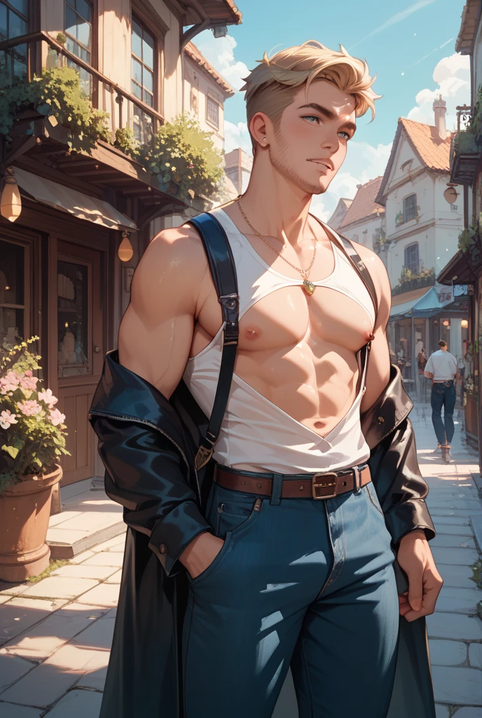 2 men, Photo-realistic, close-up. A 24-year-old male, medieval warrior, with shaved blonde hair, stubble, and blue eyes, shirtless, wearing gray leather shorts, and a 19-year-old, fit, handsome, medieval man with shaved, brown hair, slight stubble, and blue eyes, shirtless. They look blissfully at each other, cuddling with each other, leaning on a castle wall on a crisp spring morning.