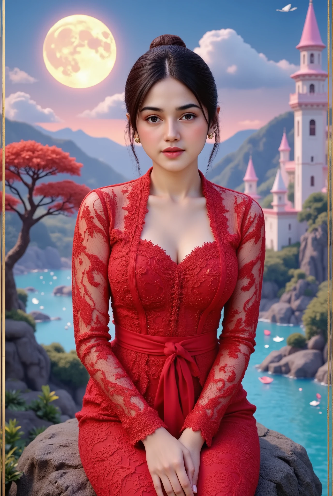 wearing red kebaya, (RAW photo, best quality), (realistic, photo-realistic:1.4), masterpiece, an extremely delicate and beautiful, extremely detailed, 2k wallpaper, Amazing, finely detail, extremely detailed CG unity 8k wallpaper, ultra-detailed, high resolution, soft light, beautiful detailed girl tied bun hair with bangs and have ornate , extremely detailed eyes and face, beautiful detailed nose, beautiful detailed eyes, cinematic lighting, dramatic lighting, sitting on a rock beside which there are -river-luminescene moon and castle of light, smiling, multi quiling paper Art backdrop of moon - castle - cloud - bonsai tree - River - sky - neon butterfly, the background is a geometric Neon art streetwall mural containing round-triangle-square shapes and other geometric lines and Silver-Gold frame. multi brush layering backdrop, 35mm lens, 64k ultra detailed image, perfect anatomy, soft light, smiling, 1girl