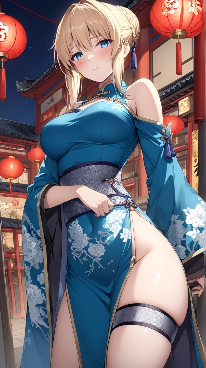 ((One personの女性)), Beautiful Face,(Laughing embarrassedly), (naughty face:1.2), (Wink:1.9), (head tilt:1.3), Laughing with your mouth open, upper teeth, ((Bright red cheeks:1.4)),Glossy pink lips, ((crossed legs:1.4)), ((foot focus)), ((panty shot)), looking down at viewer,Touching hair with hands,looking at viewer,Shining Face, rooftop, Festival decorations, firework, ((Anime style background)),masterpiece, Highest quality, so beautiful,up to date, Complex details, (Pink long nails),(ring),(bracelet),(choker),AI-generated, Complex,High resolution, Highest quality, super high quality,3D Images、3D Images,One person,Long blonde hair,ponytail, wavy hair ,Anime woman posing for a photo, ((Fine grain、Turquoise Eyes、Shining Eyes:1.3)), (Squint your eyes:1.1),a hyperRealistic , hyperRealistic , Realistic,Anime woman with long white hair, Smooth anime CG art, A woman in a colorful kimono with gold embroidery, (Pink long sleeve kimono),Red floral pattern,Long flower hair ornament,Earrings,Mature Body,(Big Breasts:1.1),Tall,Abdominal muscles,Tight waist,(Zoom up to face:1.1), ((from the side and slightly from below)),