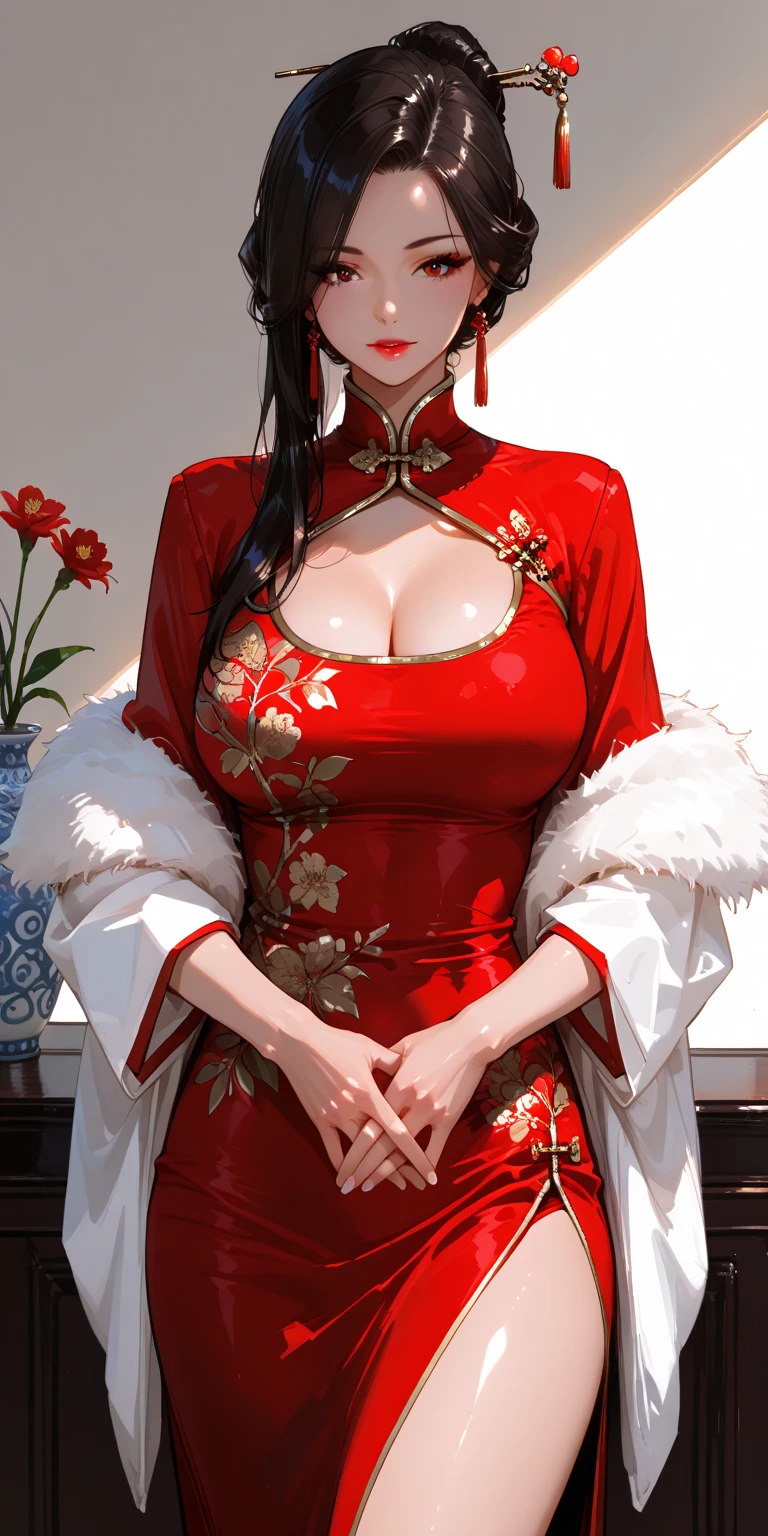 1girl in,bush,fashi-girl,qipao dress,chinese clothes,Hair Flower,(masutepiece:1.4),(Best Quality:1.4),(Shiny skin),Red lips,Looking at Viewer,Big breasts,cleft lip