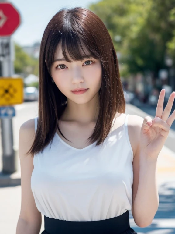 (Highly realistic photos, High resolution, detailed face, fine eyes) thin japanese woman, 28 years old, 1 girl, (1 Ultimate beauty), highly detailed face, (perfect teeth), detailed eye, double eyelid, eyelash, grin and laugh, lip details, brunette bob, lean body shape, very small breasts, very thin waist, casual clothes, on the road, full body photo,freckles