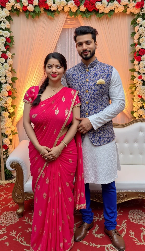 /Realistic full body shot of a couple: The woman is a 26-year-old curvy beauty, reminiscent of the asymmetrical features of Kareena Kapoor. She wears a traditional lehanga chunni, accentuating her cleavage and huge bust. A delicate earring adorns her ear, and her full lips are painted with a deep shade of lipstick. Her face has a scattering of black hairs, adding to her allure.
Standing next to her is a tall, handsome man, who gazes at her with admiration. Shyness plays on her face, and a small smile curves her lips. Her complexion is clear and un