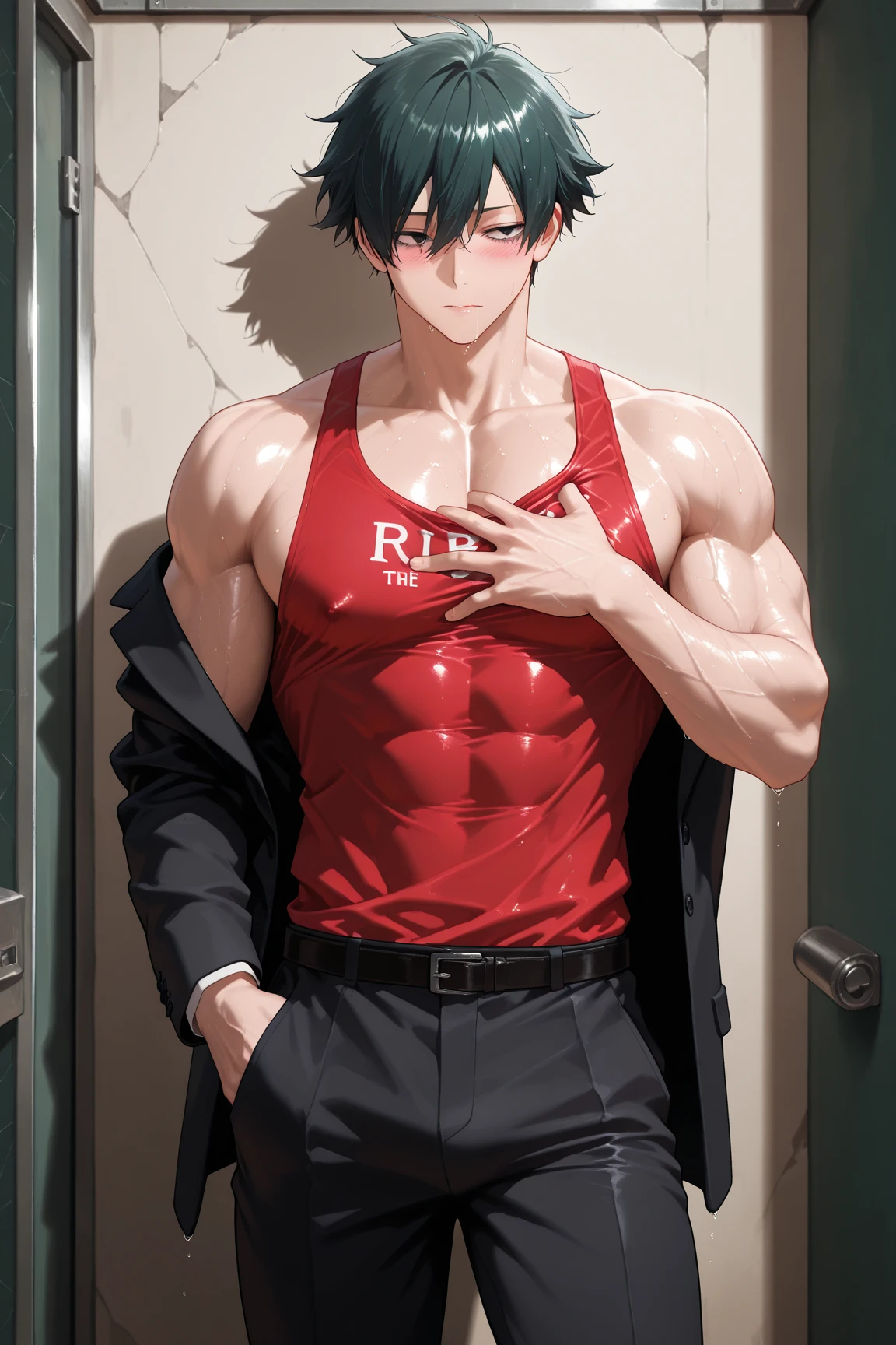 A big muscular Ash Ketchum from Pokémon sitting on a weight bench with shoulders slumped wearing a full American football uniform and cleats staring blankly as he listens to hypnotic subliminals through headphones while monitors around him display pulsing spirals to keep him in trance as he becomes a big dumb bodybuilder football jock. Open mouth. IQ drain. Dumber. Hypnosis. Trance. Brainwashing. Digital painting. Anime. Bulging crotch.