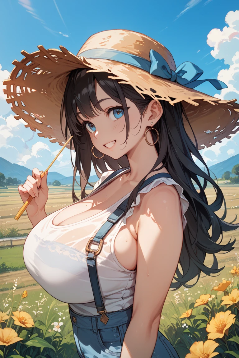score_9,score_8_up,score_7_up,masterpiece,best quality, source anime, realistic, super detailed, extreme detailed, rating_safe,
1girl, standing, cowboy shot,
BREAK girl, 22yo, short hair, bob cut, (blunt bangs), black hair, (tareme, detailed cute brown eyes), curled eyelashes, (large breasts:0.9),
shiny hair, beautiful detailed eyes, beautiful face,
straw hat, denim overalls, topless, bare breasts,
embarrassed, blush, frown, smile, outdoors, farm
