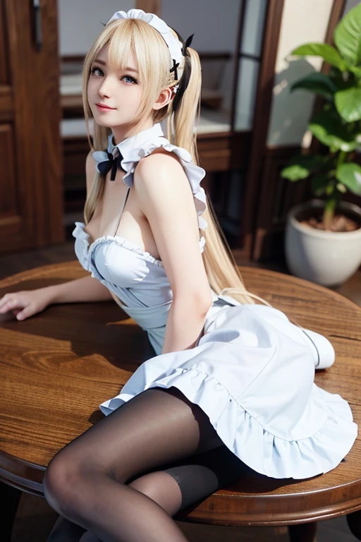 (Very cute 20 year old young woman from Japan),  ((bright blonde delicate hair)), ((Short hair with side wave twintails)),(((Slender and slender body type)))，medium bust size､small breasts､ (((clean hands)))，(Curly/kinky hair)，(((very sweet smile))), (((She is wearing navy blue and white lace panties)))，(((She is wearing a navy blue and white knit dress.))) ，((top quality, 16 km race, muste piece: 1.3)), light on face, super detailed face, highly detailed lips, detailed eyes,