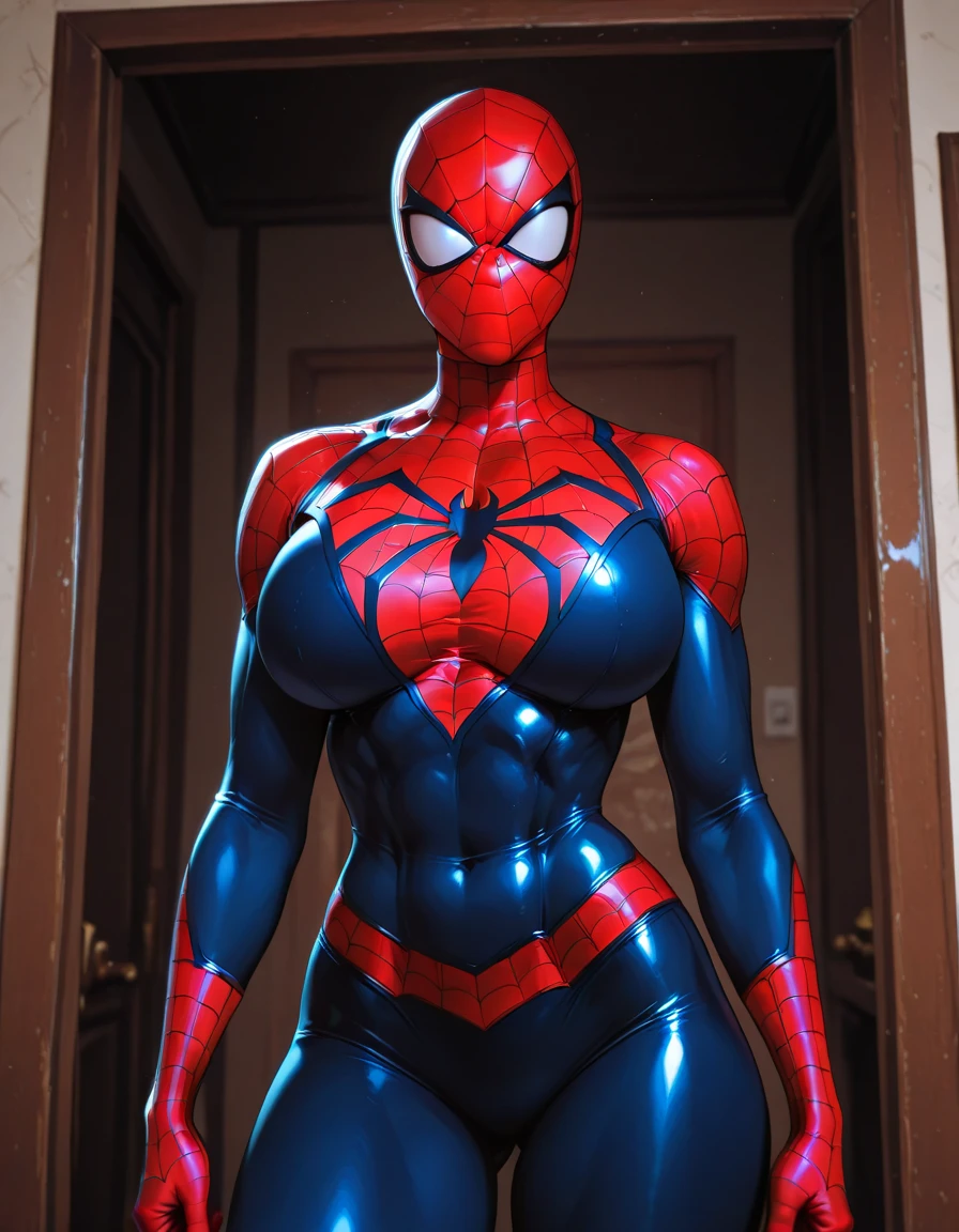((masterpiece, best quality, ultra-detailed, ultra-HD, photorealistic, cinematic)), (masterpiece:1.0), (best_quality:1.2), ((Full body photo)). Laura/girl/Chinese is standing, (Spider-Man/Ultraman hybrid costume with blue jewelry on the breastplate/extremely tight on the body/extremely exhibitionist:1.2)), wearing (red lipstick on the mouth:1.0), ull body view, facing the viewer, hand on hips, legs parted, confident stance, proud stance, smiling, posing. She has (very short blonde hair, slick:1.5) and (blue eyes:1.5), Mortal Kombat, anime, framed, symmetry, 16k, best quality, super detail, textured skin, UHD, (chubby:1.2), (huge breasts:1.5), (wide hips:1.3)