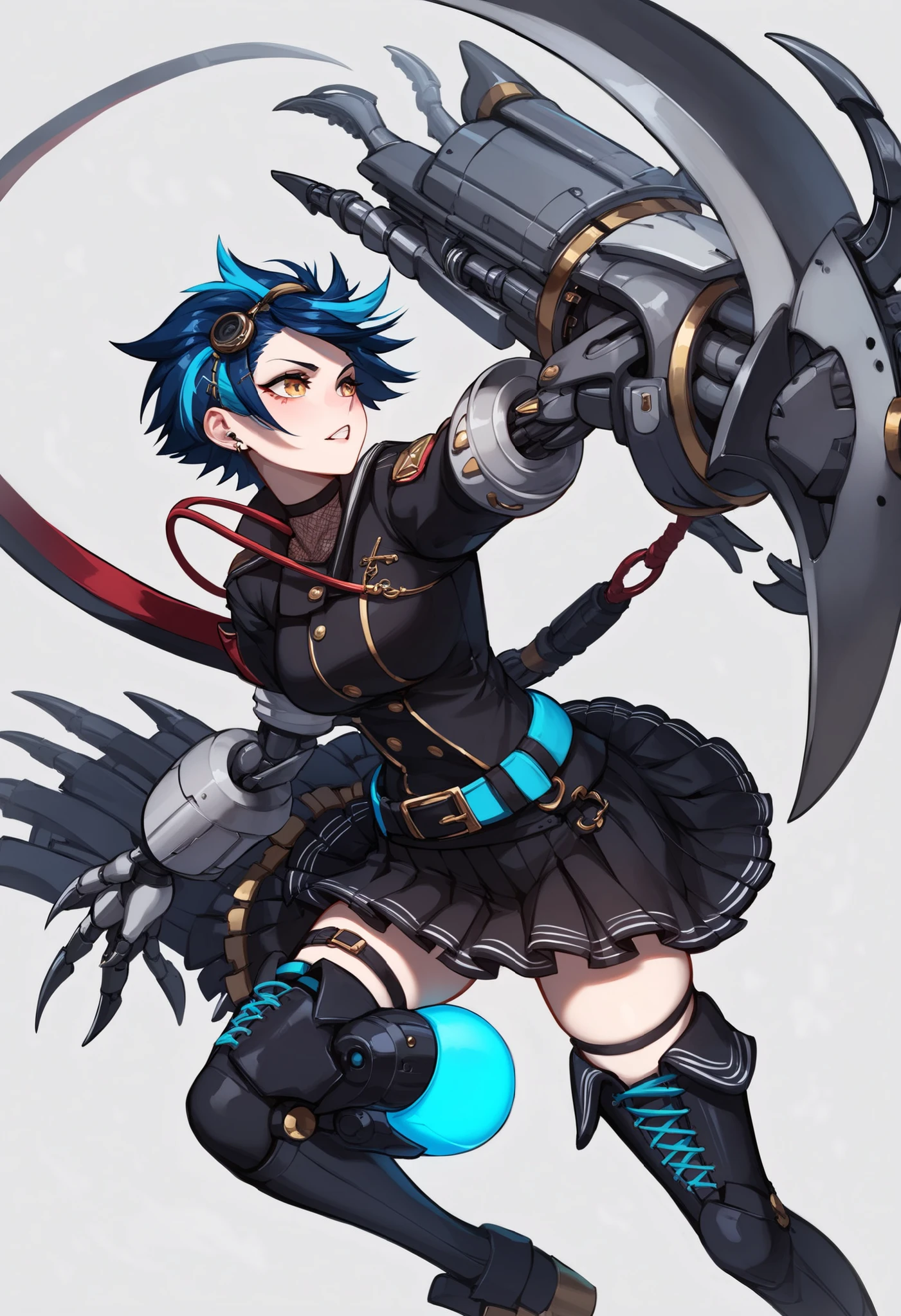 Girl with big arms. Short hair. Indigo hair. Mechanical hair ornament. Black gothic dress. Large belt. Silver buckle. Mini skirt split into left and right sides. Panty shot. Mechanical arms. Asymmetrical arms. Sharp claws. One hand is the crane hook. Glowing tube leading to the body. Battleship gauntlet. Mechanical boots.