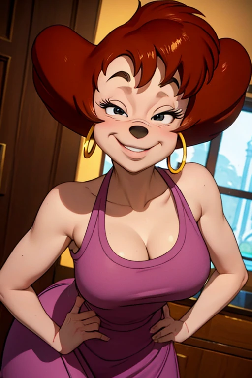 masterpiece, best quality, one girl, solo, detailed face, looking at the viewer, black eyes, seductive smile, left hand on hip, right hand on thigh, gold hoop earrings, neckline, 5 fingers,
 Detailed skin texture, (blush:0.5), (goosebumps:0.5), subsurface scattering, detailed skin texture, (blush:0.2), (goosebumps:0.3), subsurface scattering, sexual expression, panties, long stockings, pink shirt, blush