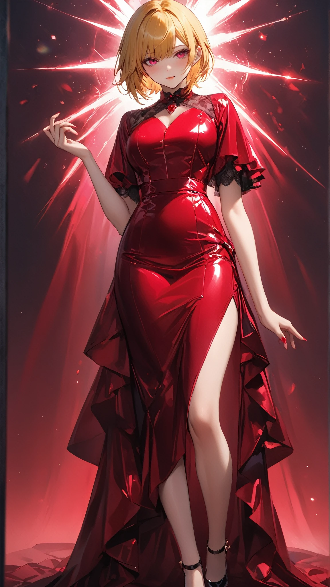 1girl,light brown color medium length hair,blue eyes,expressionless,medium breasts,rubyred crystalline dress