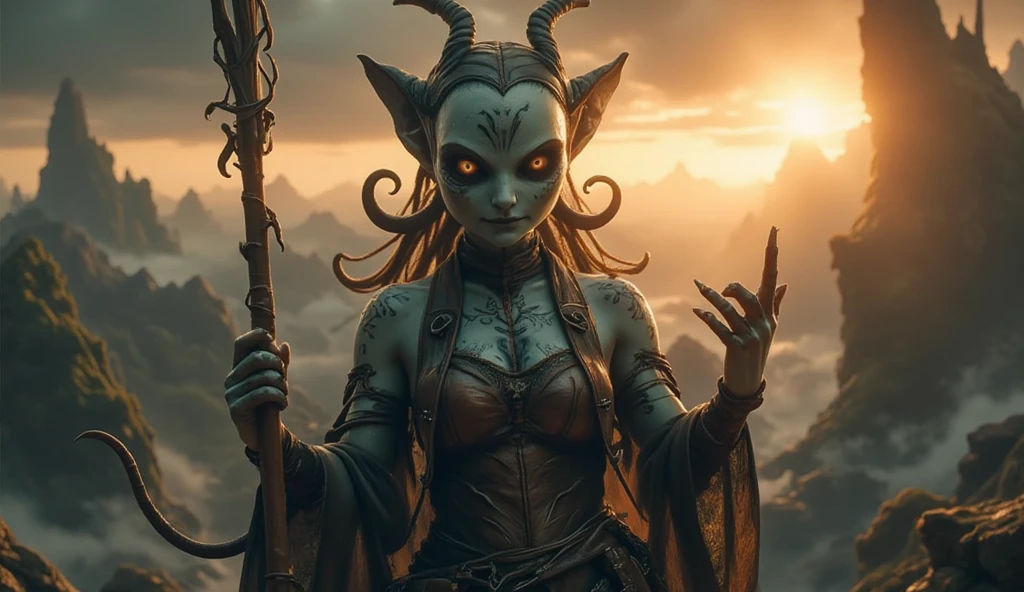 An unknown entity under a female human form but there are identical features: well-built, 4 eyes, demonic horns with golden runes,