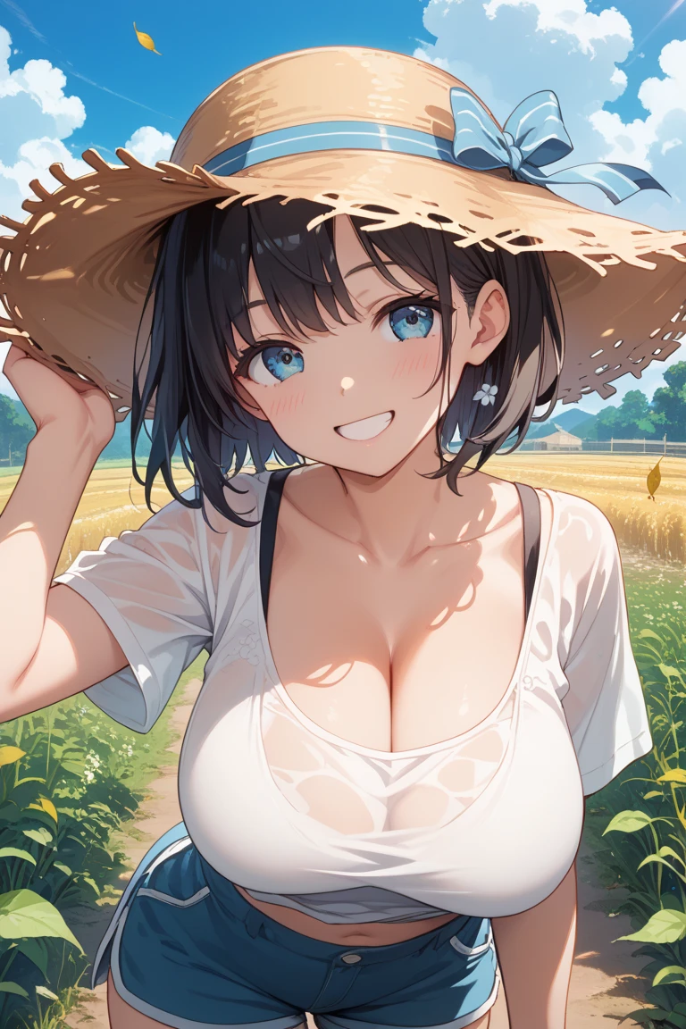 ((Top Quality)), ((Excellent)), (Details), ((Japanese)), Ultra-Realistic, Stunning Environment, Vivid Colors, , Black Hair, (Young Face), ((Straight Hair)), Shiny Hair, Big Breasts, ((White Maid Outfit)), ((French Maid)), ((White Brim)), ((from_side)) , ((From Above)), ((Blue Eyes)), Half-Smiling, Upper Body, Shiny Hair, Blunt Bangs, ((big Breasts)),((Emphasized Cleavage)) , ((Leaning Forward)), ((Blue Eyes)), Masterpiece, Ultra-Realistic, ((Upper Body)),((topless)),(naked), Outdoors, Grassland, Flower Field, Natural Light, Vivid Colors,